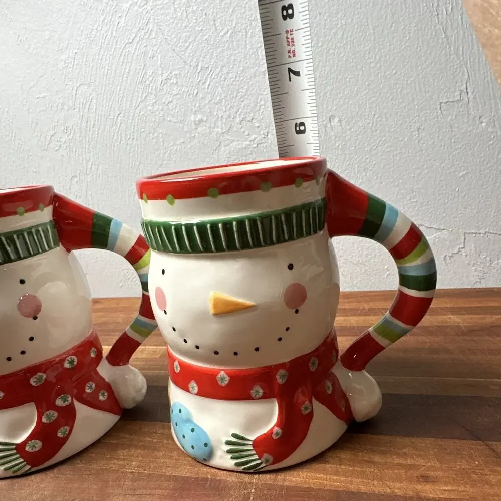 Pier 1 Hand-Painted Ceramic Snowman Christmas Mugs Set of 2, 6in MPN 2700247